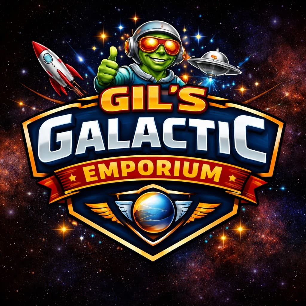 Gil's Galactic Emporium — shield logo with Gil, rocket, and UFO on a starfield